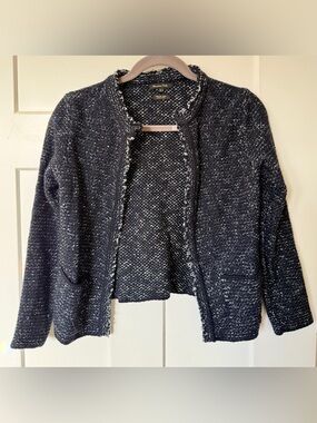 Massimo Dutti Navy white boucle Open cardigan Womens Sweater knit Jacket XS S